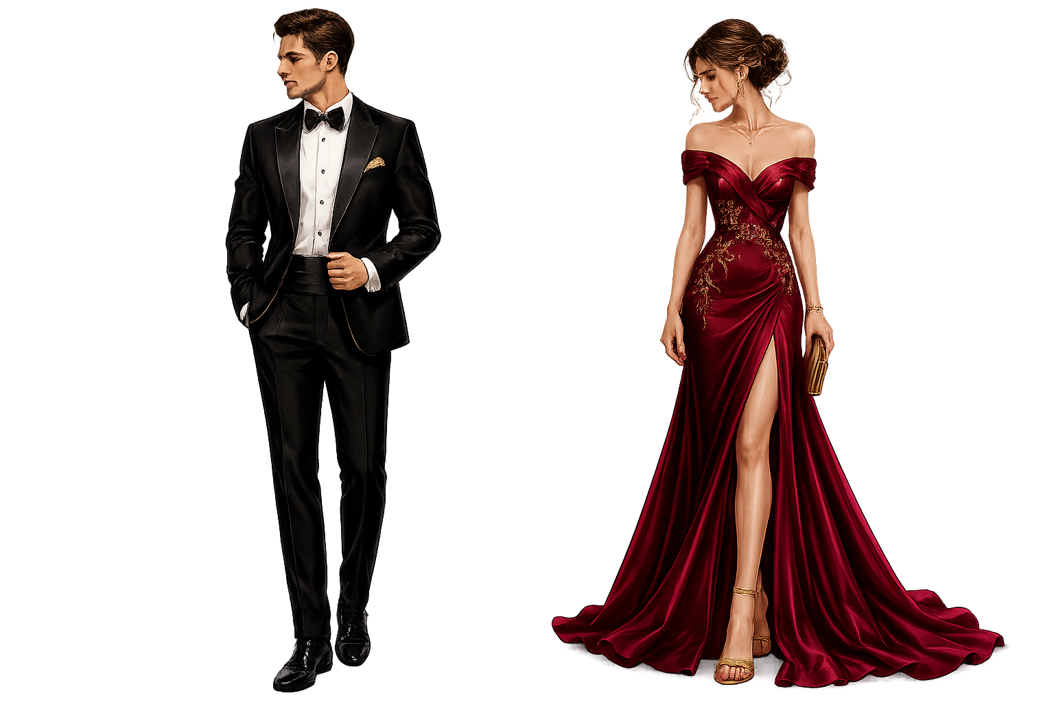Varón y mujer con vestimenta formal de gala
